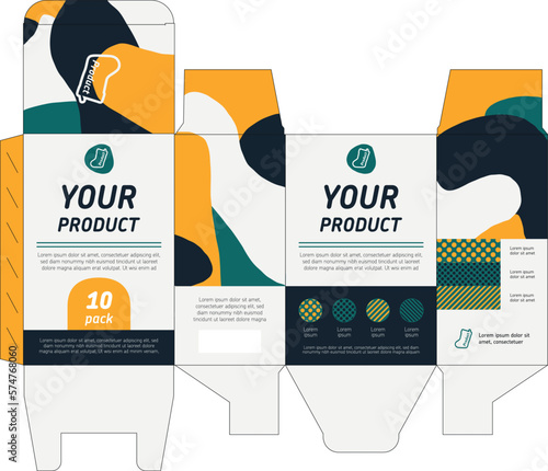 Packaging design template box layout for textile, sport or beauty products. Concept cardbox die line. Branding template with socks logo. Ready to print