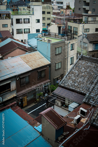 Tokyo Shitamachi and crowded urban homes closely built together