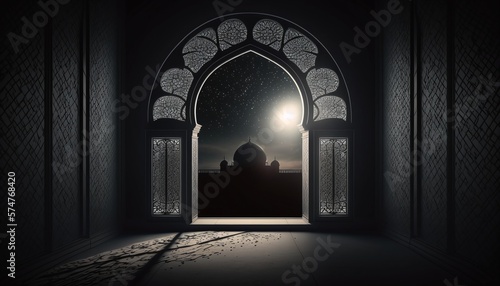 Billede på lærred light through the window of a Islamic mosque interior moonlight shine through th