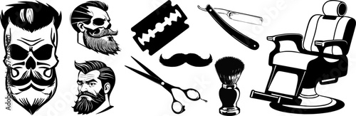 Monochromatic vector image, vintage barbershop tools and symbols