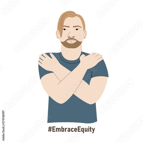Man embrace himself vector illustration.  Guy hugging himself. International women's day campaign sign. Support equality and human rights.