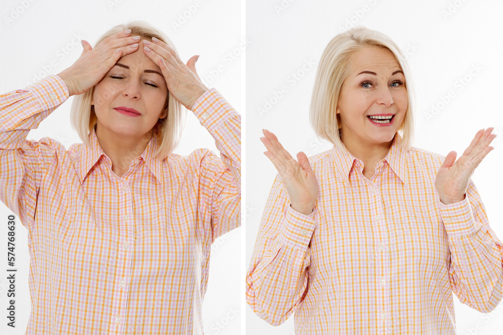 Before after Women Hormonal Headaches. Middle aged woman with Menopause