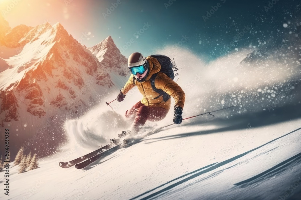 The skier rides skiing after a snowy slope in sunlight. Winter landscape with mountains in the background. AI generated