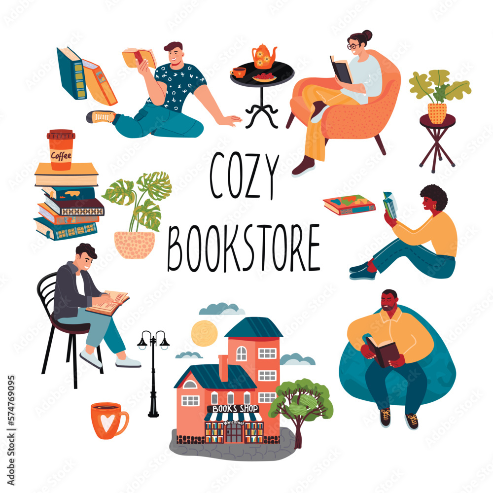Cozy bookstore banner template with readers.Cartoon characters with