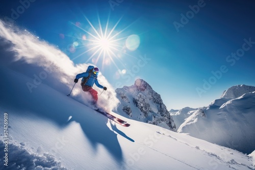 The skier rides skiing after a snowy slope in sunlight. Winter landscape with mountains in the background. AI generated
