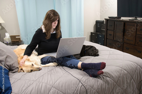 Photography A woman working on her laptop with her dogs on the bed
