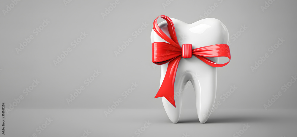 White healthy human tooth with red gift ribbon on isolated background ...