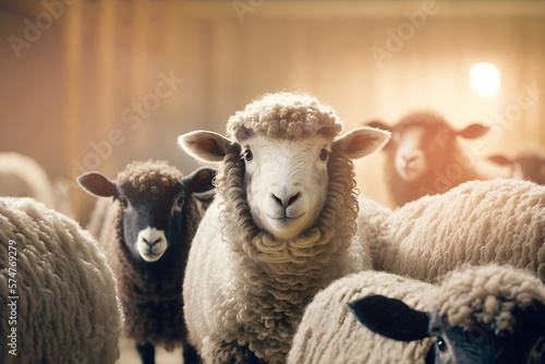 Sheep livestock farm. Happy lamb with sunlight. Agriculture industry ram banner. Generation AI