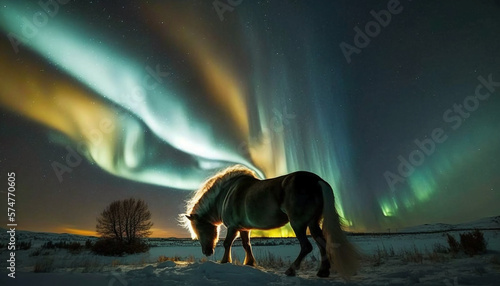 horse iceland landscape nature aurora borealis northern light winter night  © Dafne
