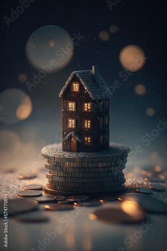 Buying a house  Miniature residential house standing on the piles of coins.