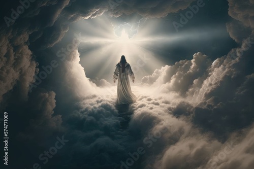The Power of Belief and Praying in the Biblical Theme of Jesus Coming on Clouds with Power and Glory A Study on its Impact on Our Lives Generative AI photo
