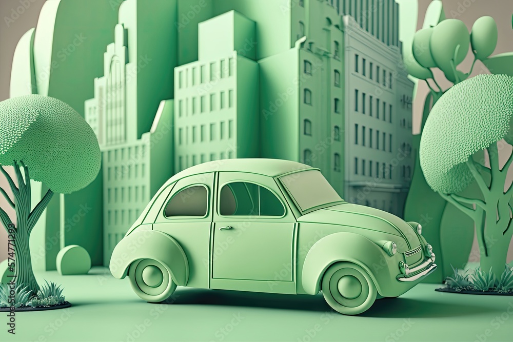 3D Green color car on a city streets. Generative AI