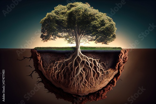 The underground world of the tree roots system is a complex network of mycorrhizae,, absorption system water GENERATIVE AI