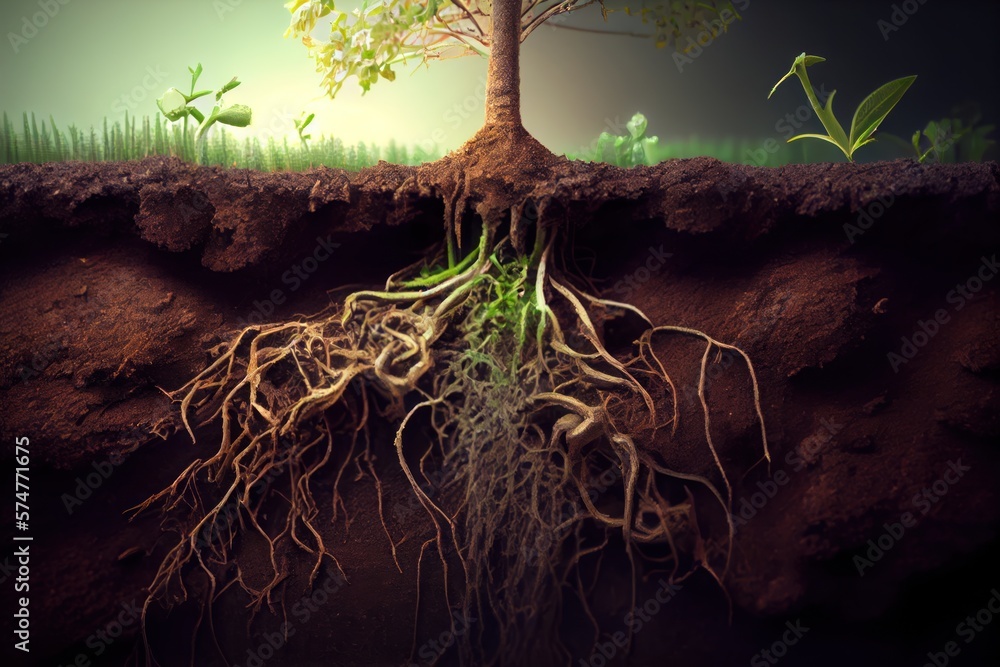 Tree With Root System Going Deep Into The Ground, Soil Cross 