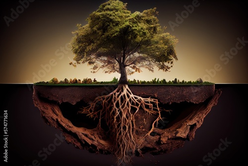 Tree with root system going deep into the ground, soil cross, absorption system water GENERATIVE AI