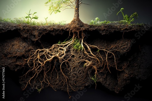 Tree with root system going deep into the ground, soil cross, absorption system water GENERATIVE AI photo