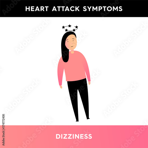 Vector illustration of a girl who is dizzy. The person has symptoms of a heart attack. Loss of coordination, unsteadiness. Illustration for medical articles, posters, stands.