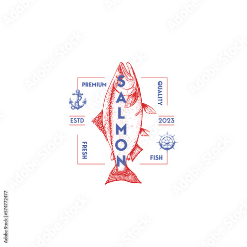 Vector salmon vintage logo on a white background. Atlantic, chinook, sockeye and pink salmon fish illustrations for groceries, fisheries, packaging, and advertising