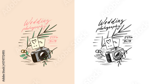 Photo camera and plants or flowers for the holiday. Wedding photographer badge or logo. Template for studio, vintage store. Hand drawn sketch for postcard, banner in simple minimalistic style. 