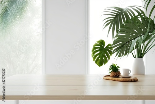 Background of a white wall  a blank wooden table  and tropical plants. Contemporary interior design for a home or business mockup. Generative AI