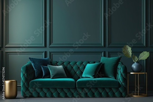 Deep green luxury living room. Blank wall mockup. Emerald Velor sofa with navy cushions. Luxury lounge design. Generative AI photo