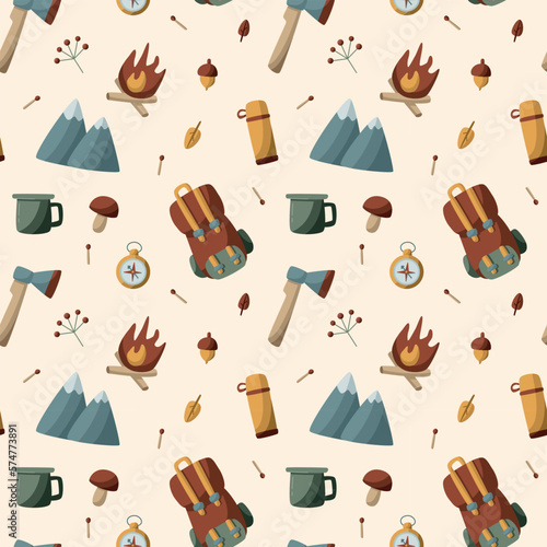 Vector flat seamless pattern hand drawn illustration camp hiking equipment tourist camping