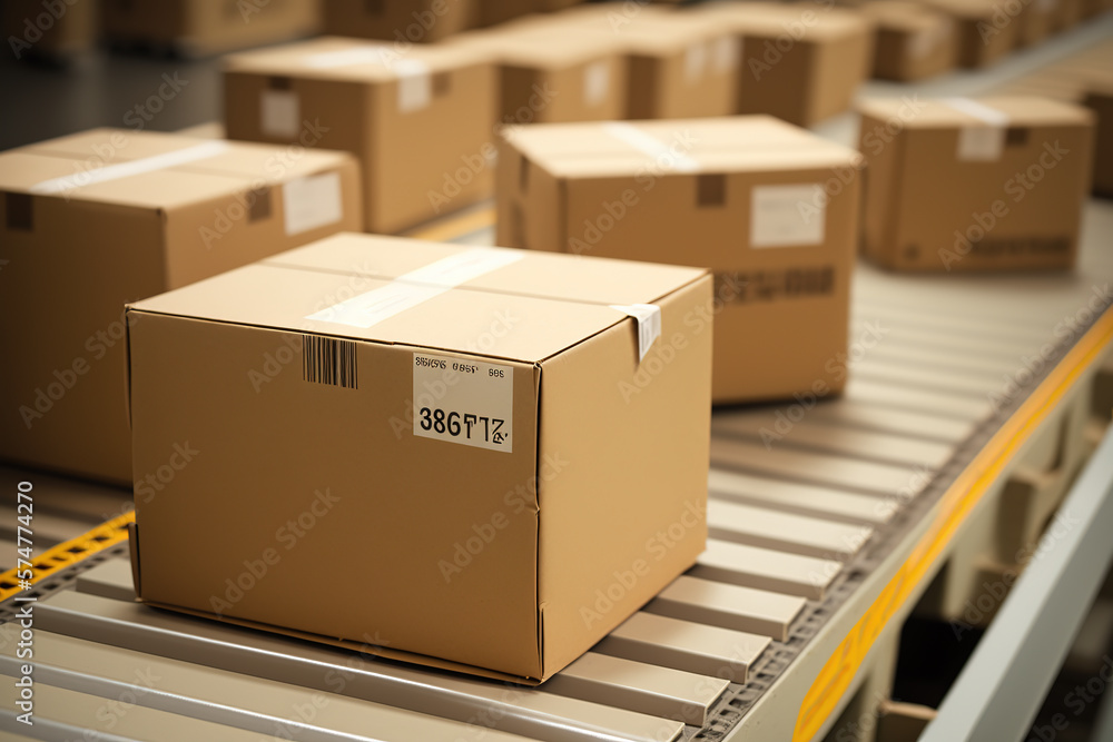 Cardboard boxes on conveyor belt in a distribution warehouse. Cardboard boxes on conveyor belt in a distribution warehouse.