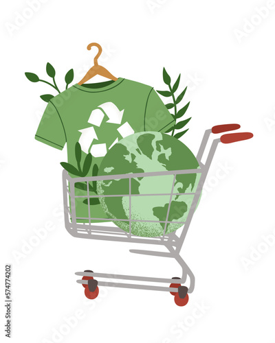 Vector illustration of green recycling t-shirt, Reuse, Reduce, Recycle symbol, Earth planet globe in shopping cart. Slow sustainable fashion, eco concept, environment care