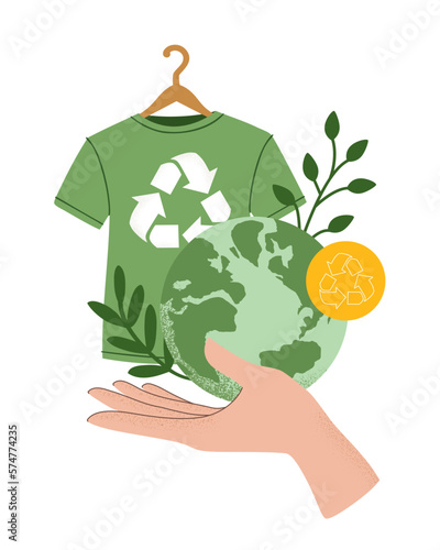 Vector illustration of hand holding green recycling t-shirt, Reuse, Reduce, Recycle symbol, Earth planet globe. Slow sustainable fashion, eco concept, environment care