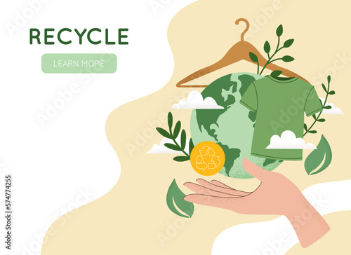 Vector illustration of hand holding green recycling t-shirt, Reuse, Reduce, Recycle symbol, Earth planet globe. Slow sustainable fashion, eco concept, environment care