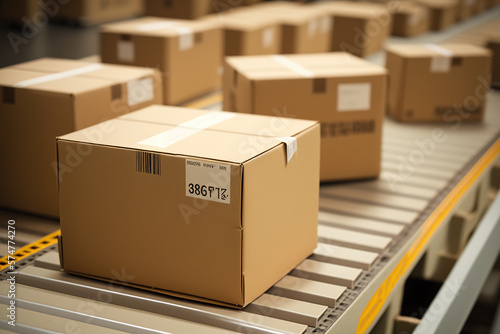 Cardboard boxes on conveyor belt in a distribution warehouse. © studio33