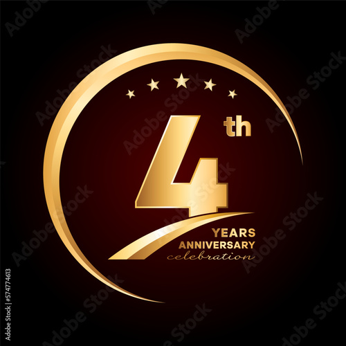 4 year anniversary celebration. Anniversary logo design with golden ring and text concept. Logo Vector Template Illustration