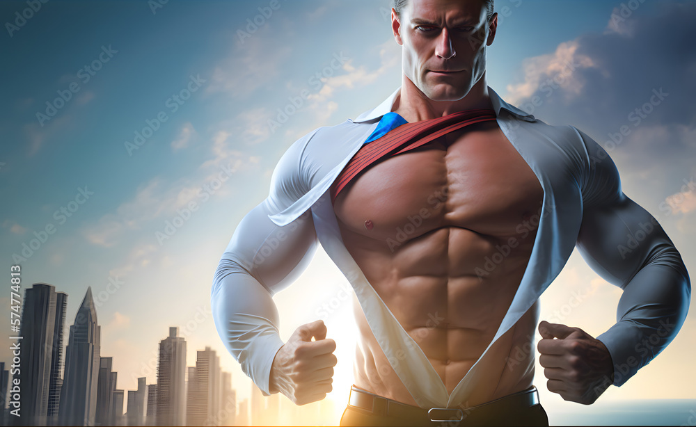 Athletic Muscular gym businessman in a business suit showing the superhero suit under his shirt tearing it up, against the backdrop skyscrapers business district of metropolis. Generative AI - obrazy, fototapety, plakaty 