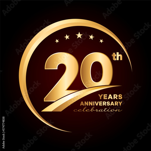 20 year anniversary celebration. Anniversary logo design with golden ring and text concept. Logo Vector Template Illustration