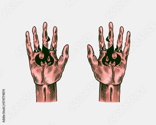 Boho mystic hand with fire. Arcane Esoteric icon. Vintage engraving sketch. Doodle outline. Hand drawing. Vector illustration.