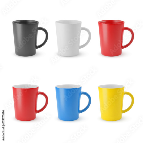 Illustration of Six Realistic Empty Ceramic Coffee Cup or Tea Mug. Mockup with Shadow Effect, and Copy Space for Design. For Web Design, and Printing on a White