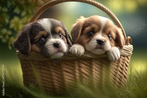 Cute and Cuddly Adorable Puppies Animal Couple Portrait in a Basket, Summer Grass Generative AI