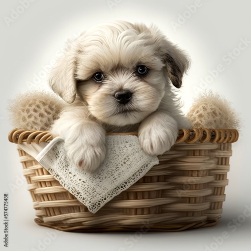 Cute and Cuddly Adorable Puppy Animal Portrait Isolated on a white in a Basket Generative AI