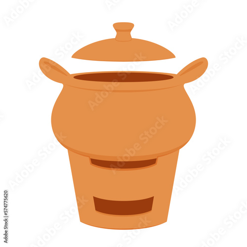 Earthen pot vector. Cooking food in earthen pots. Earthen pot on white background.