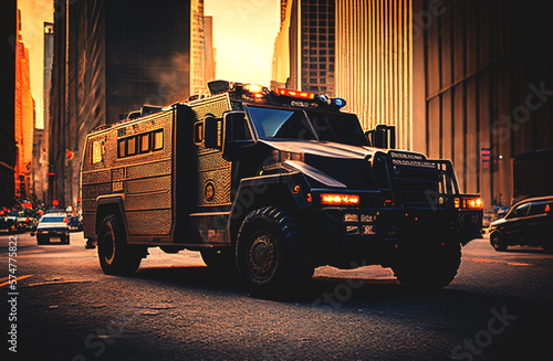 FBI Van, Armored Truck NY Trooper, undercover police car NYPD, New York Troopers, SWAT Special Vehicles. OPP HSD Police Interceptor, Prisoner Transport, Expedition SSV. Ai Generative illustration.