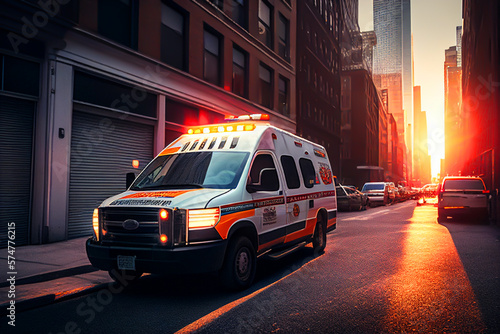 Ambulance rescue van in New York on road street. Ambulance Vehicle truck. American Response Vehicles. EMS Ambulance Driver US. Medical truck with red emergency lights. Ai Generative illustration.