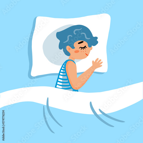 Sleeping serene cartoon kid boy lying on soft pillow in bed. Healthy daytime sleep. Calm dream, slumber. Vector illustration