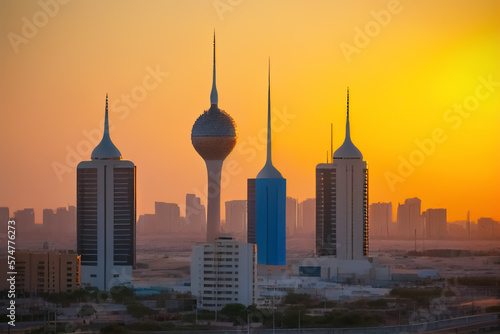 Qatar skyline sunset. Cityscape with skyscrapers buildings. Modern arab urban architecture in Qatar. Ai generative illustration.