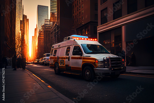 Ambulance rescue van in New York on road street. Ambulance Vehicle truck. American Response Vehicles. EMS Ambulance Driver US. Medical truck with red emergency lights. Ai Generative illustration.