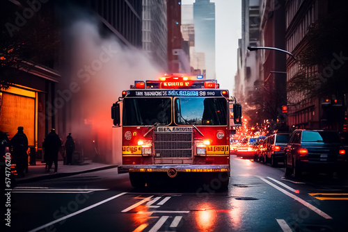 Fire Truck in New york. Firefighters Rescue after Fire Alarm went off at building. Firemen at apartment fire. Accodent on Street in NYC  firefighters and extinguish fire  Ai Generative illustration.