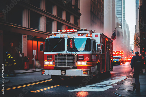 Fire Truck in New york. Firefighters Rescue after Fire Alarm went off at building. Firemen at apartment fire. Accodent on Street in NYC, firefighters and extinguish fire, Ai Generative illustration.