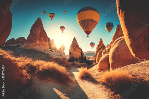 Air balloons on sunset in Cappadocia, Ai Generative illustration. Colorful hot air balloons fly in sky on sunlight. Travel in Turkey.