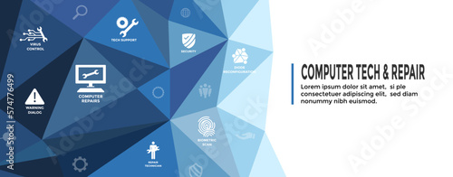 Information technology Web Header Banner with Wrench, Computer Repairman, computer icons, etc. 