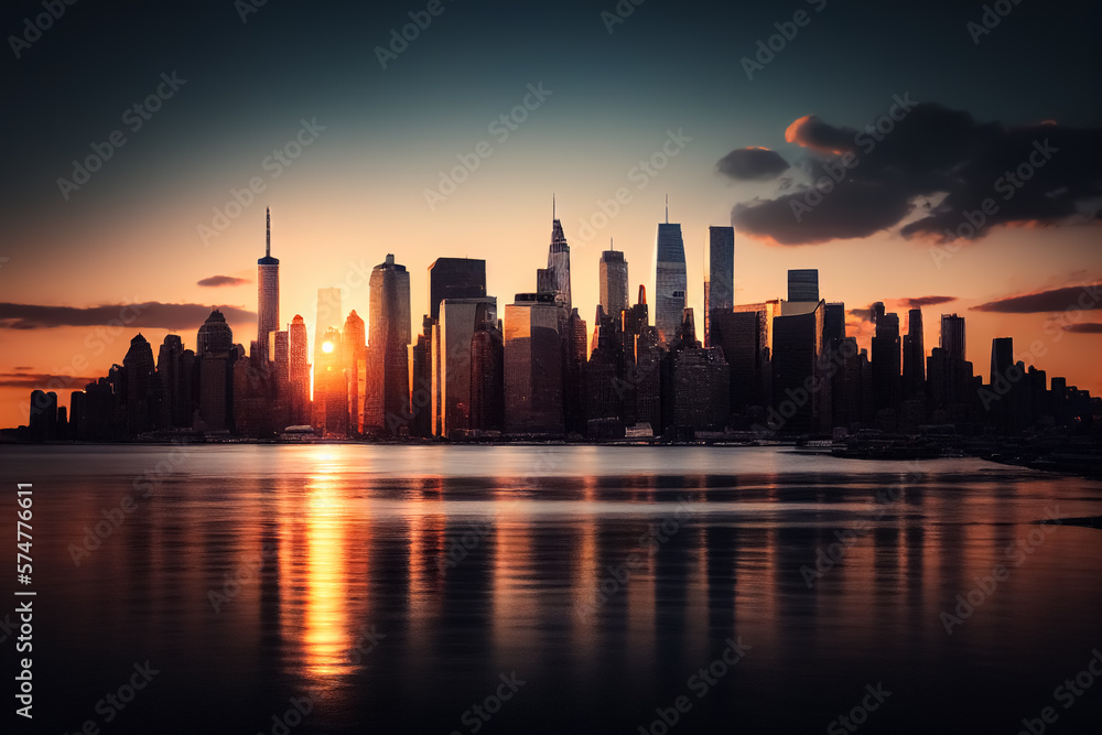New York city skyscrapers. New York skyscraper at sunset. NYC Cityscape financial district. United States Manhattan Skyline, Ai Generative illustration.