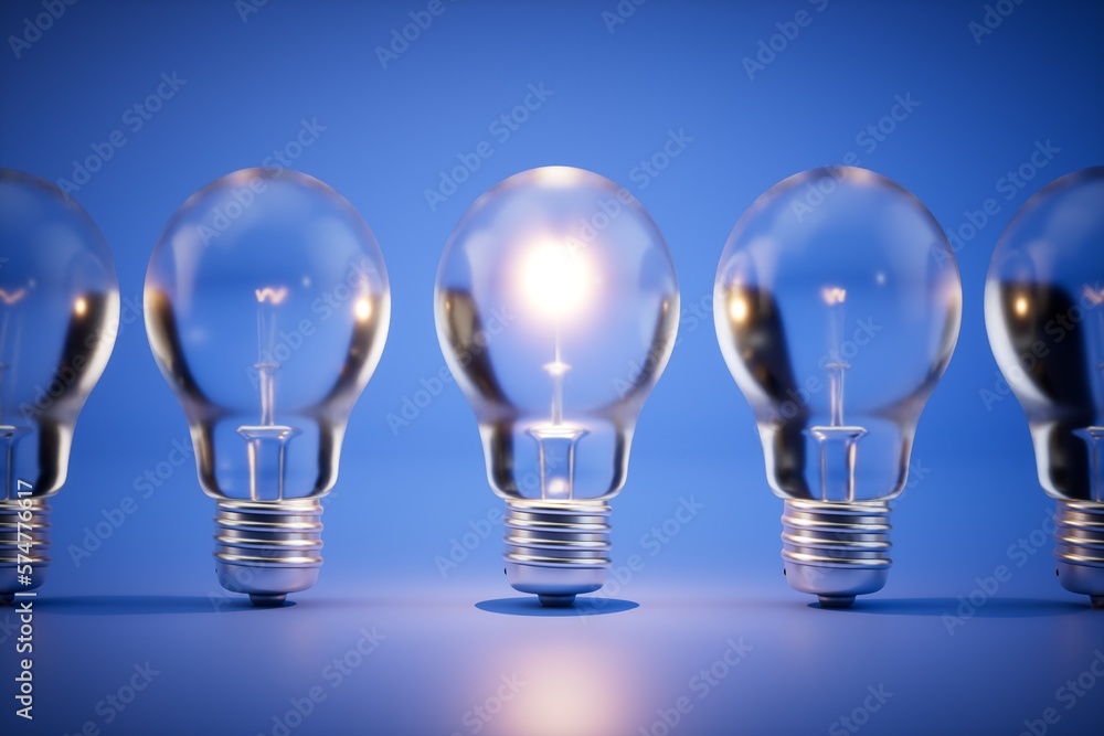 the concept of idea generation. A light bulb turned on among the extinguished light bulbs. 3D render the concept of idea generation. A light bulb turned on among the extinguished light bulbs. 3D render